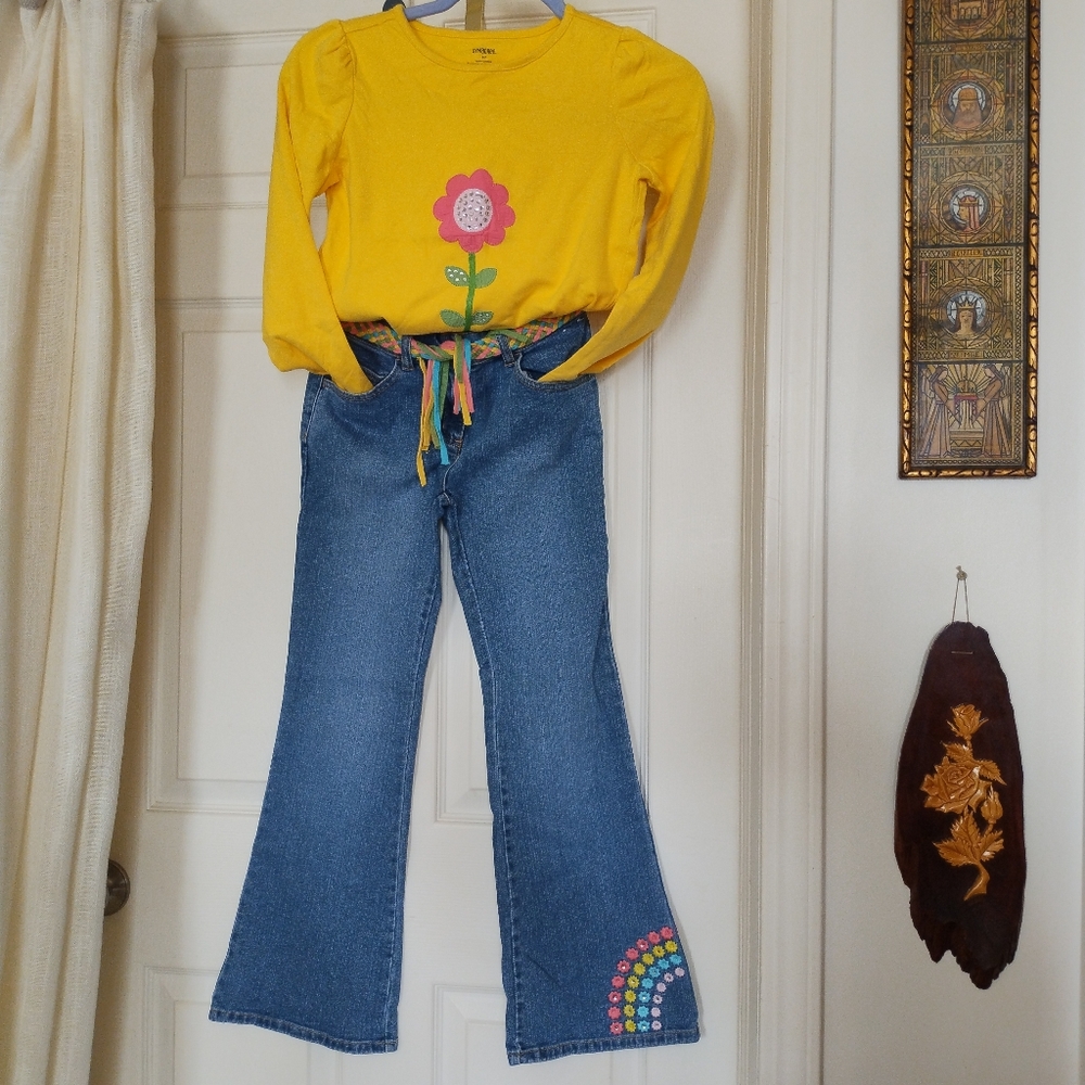 Gymboree 💛🌷 Yellow Flower Top & Embellished Jeans with Belt Girls' Size 10